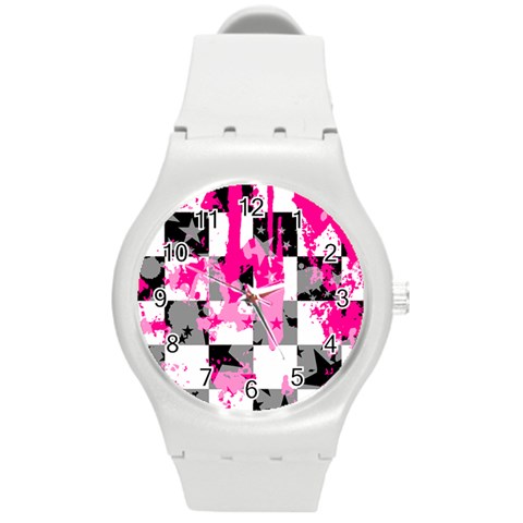 Pink Star Splatter Round Plastic Sport Watch Medium from ArtsNow.com Front