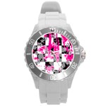 Pink Star Splatter Round Plastic Sport Watch Large