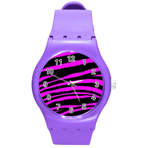 Pink Zebra Round Plastic Sport Watch Medium from ArtsNow.com Front