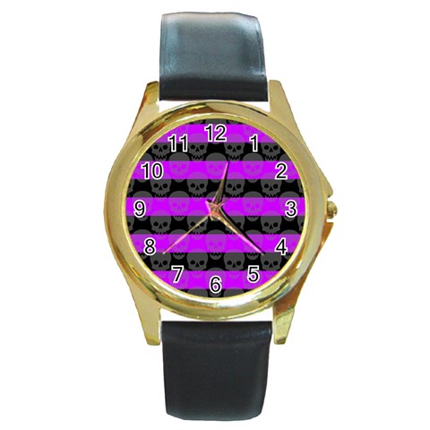 Purple Goth Skulls  Round Gold Metal Watch from ArtsNow.com Front