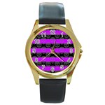 Purple Goth Skulls  Round Gold Metal Watch