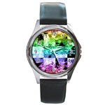 Rainbow Checker Skull Splatter Round Metal Watch