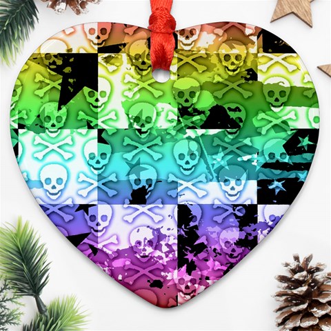 Rainbow Checker Skull Splatter Ornament (Heart) from ArtsNow.com Front