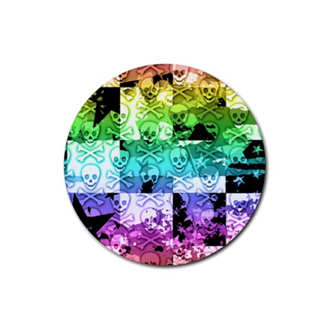 Rainbow Checker Skull Splatter Rubber Coaster (Round) from ArtsNow.com Front