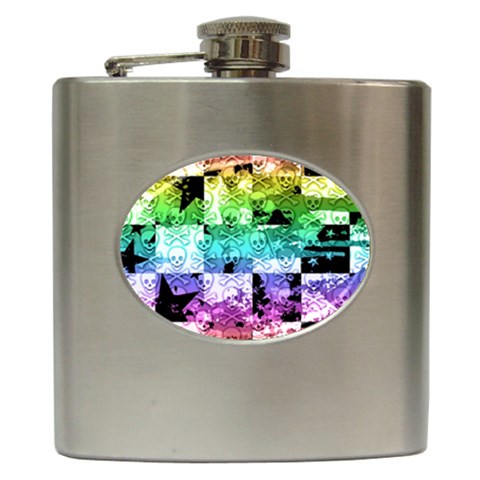 Rainbow Checker Skull Splatter Hip Flask (6 oz) from ArtsNow.com Front