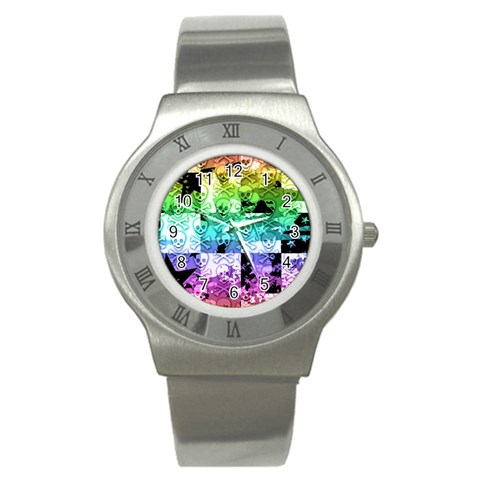 Rainbow Checker Skull Splatter Stainless Steel Watch from ArtsNow.com Front