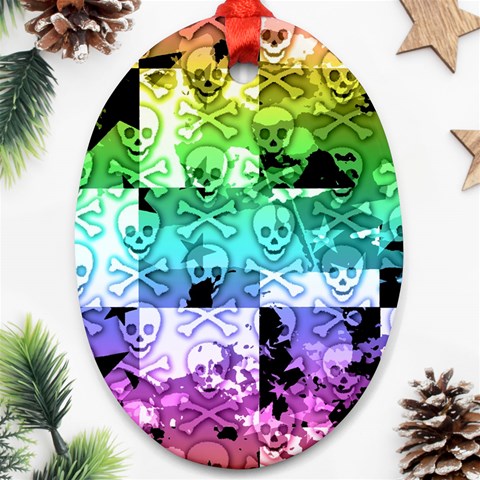 Rainbow Checker Skull Splatter Oval Ornament (Two Sides) from ArtsNow.com Front