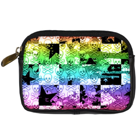 Rainbow Checker Skull Splatter Digital Camera Leather Case from ArtsNow.com Front
