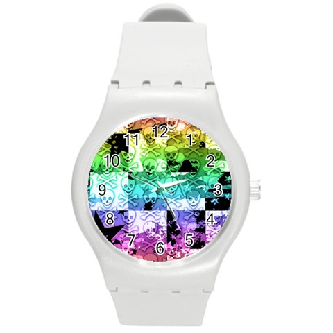 Rainbow Checker Skull Splatter Round Plastic Sport Watch Medium from ArtsNow.com Front