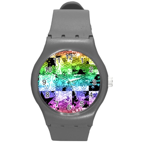 Rainbow Checker Skull Splatter Round Plastic Sport Watch Medium from ArtsNow.com Front