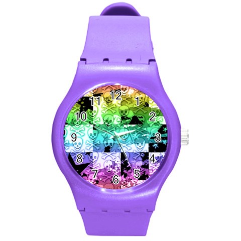 Rainbow Checker Skull Splatter Round Plastic Sport Watch Medium from ArtsNow.com Front