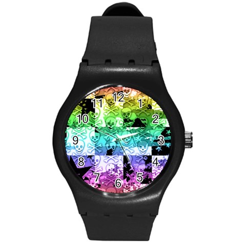Rainbow Checker Skull Splatter Round Plastic Sport Watch Medium from ArtsNow.com Front
