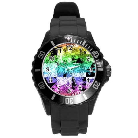 Rainbow Checker Skull Splatter Round Plastic Sport Watch Large from ArtsNow.com Front