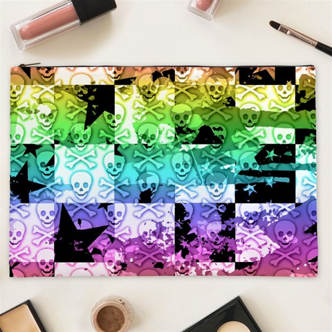 Rainbow Checker Skull Splatter Cosmetic Bag (XXL) from ArtsNow.com Front