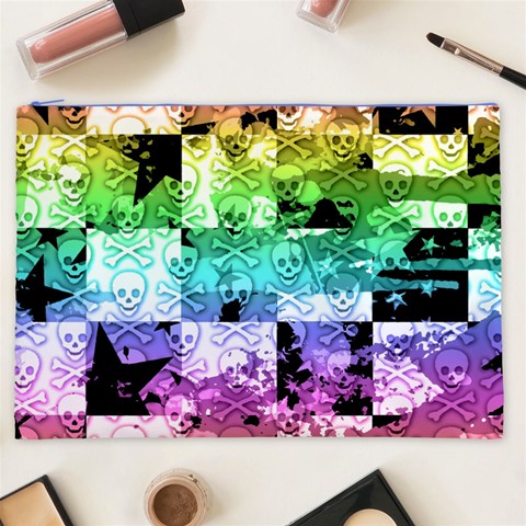 Rainbow Checker Skull Splatter Cosmetic Bag (XXL) from ArtsNow.com Front
