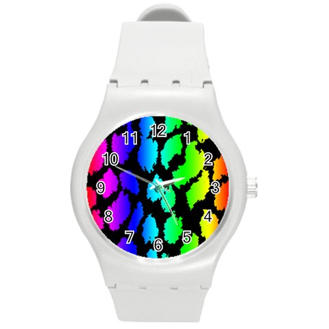 Rainbow Leopard Round Plastic Sport Watch Medium from ArtsNow.com Front
