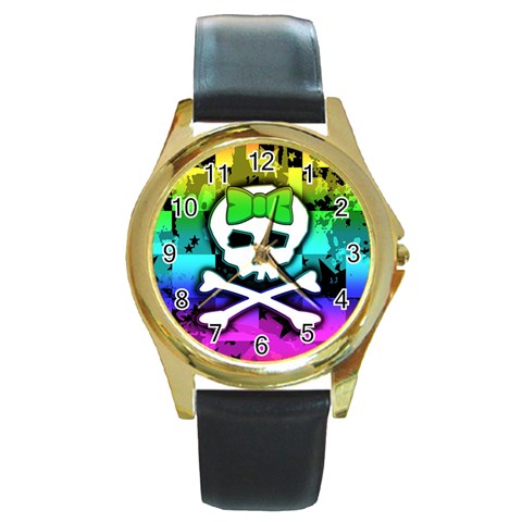 Rainbow Skull Round Gold Metal Watch from ArtsNow.com Front