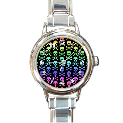 Rainbow Skull and Crossbones  Round Italian Charm Watch from ArtsNow.com Front