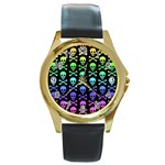 Rainbow Skull and Crossbones  Round Gold Metal Watch