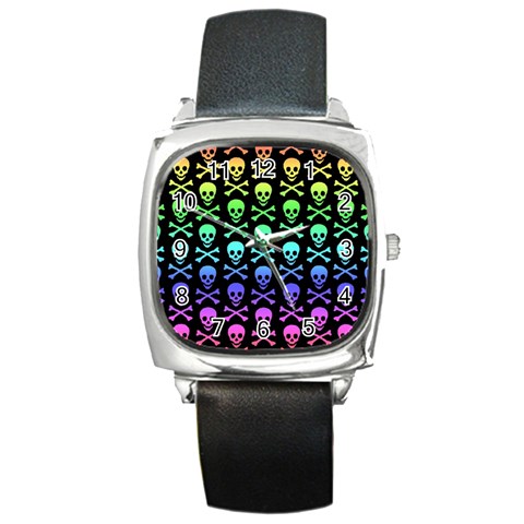 Rainbow Skull and Crossbones  Square Metal Watch from ArtsNow.com Front