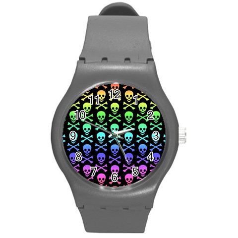 Rainbow Skull and Crossbones  Round Plastic Sport Watch Medium from ArtsNow.com Front