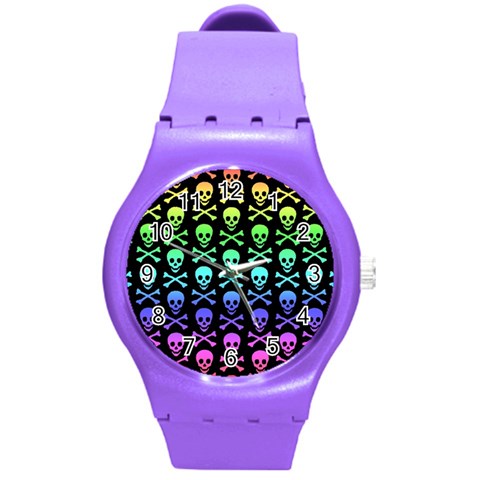 Rainbow Skull and Crossbones  Round Plastic Sport Watch Medium from ArtsNow.com Front