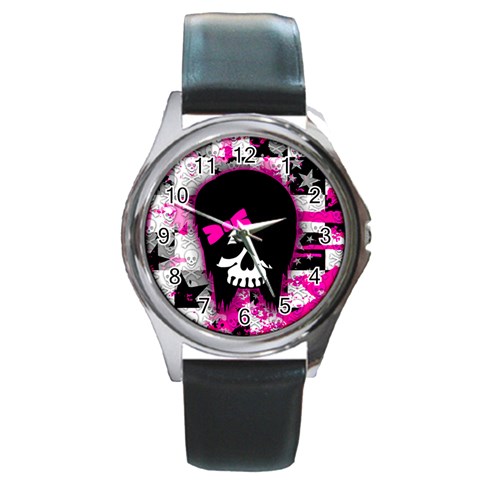 Scene Kid Girl Skull Round Metal Watch from ArtsNow.com Front