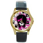 Scene Kid Girl Skull Round Gold Metal Watch