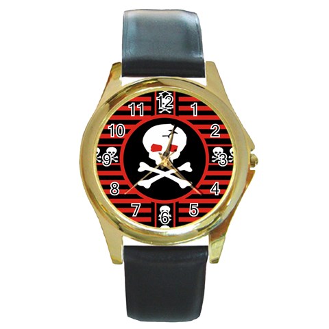Skull Cross Round Gold Metal Watch from ArtsNow.com Front