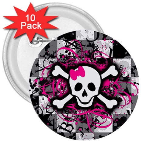Splatter Girly Skull 3  Button (10 pack) from ArtsNow.com Front