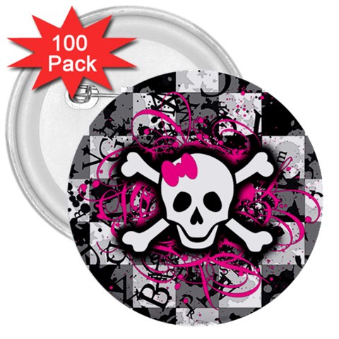 Splatter Girly Skull 3  Button (100 pack) from ArtsNow.com Front