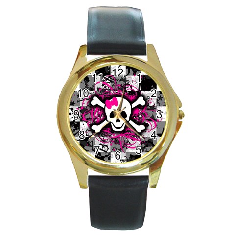Splatter Girly Skull Round Gold Metal Watch from ArtsNow.com Front
