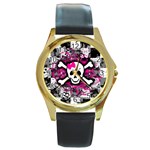 Splatter Girly Skull Round Gold Metal Watch