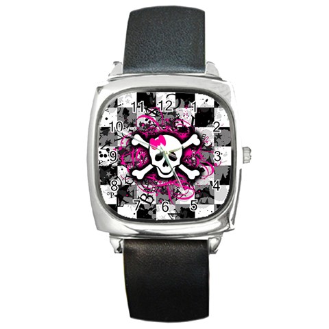 Splatter Girly Skull Square Metal Watch from ArtsNow.com Front