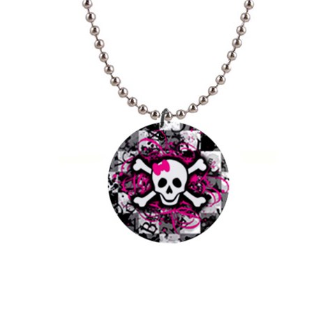 Splatter Girly Skull 1  Button Necklace from ArtsNow.com Front