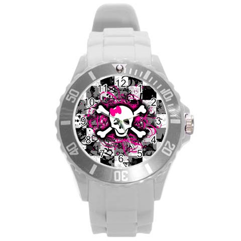 Splatter Girly Skull Round Plastic Sport Watch Large from ArtsNow.com Front