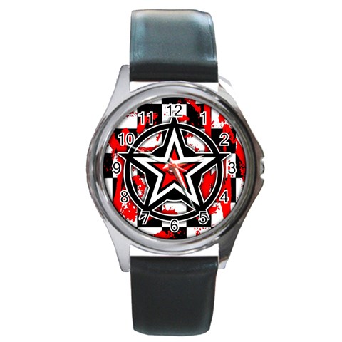 Star Checkerboard Splatter Round Metal Watch from ArtsNow.com Front