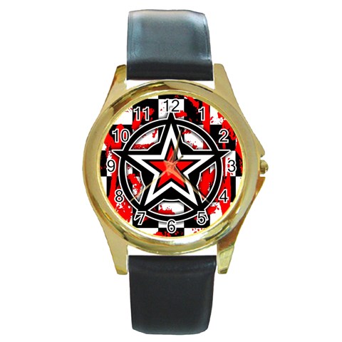 Star Checkerboard Splatter Round Gold Metal Watch from ArtsNow.com Front