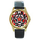 Star Checkerboard Splatter Round Gold Metal Watch