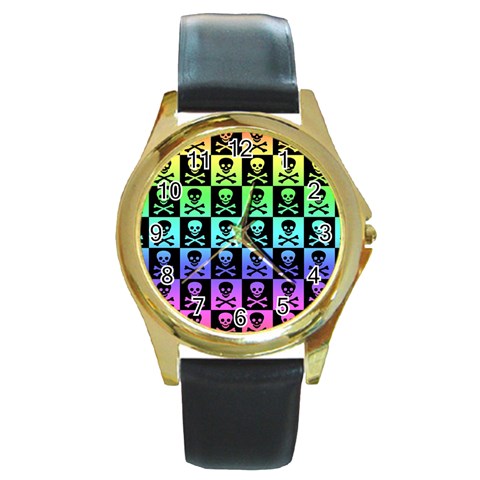 Rainbow Skull Checkerboard Round Gold Metal Watch from ArtsNow.com Front