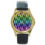 Rainbow Skull Checkerboard Round Gold Metal Watch