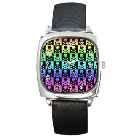 Rainbow Skull Checkerboard Square Metal Watch from ArtsNow.com Front