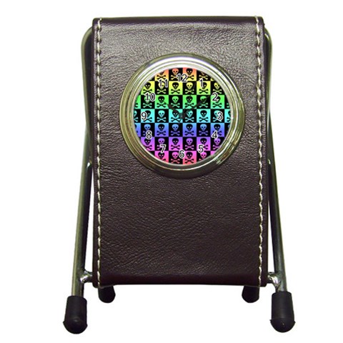 Rainbow Skull Checkerboard Pen Holder Desk Clock from ArtsNow.com Front