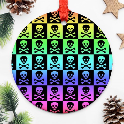 Rainbow Skull Checkerboard Round Ornament (Two Sides) from ArtsNow.com Front