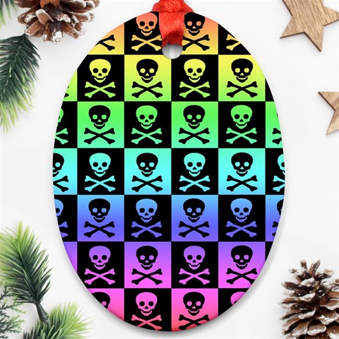 Rainbow Skull Checkerboard Oval Ornament (Two Sides) from ArtsNow.com Front