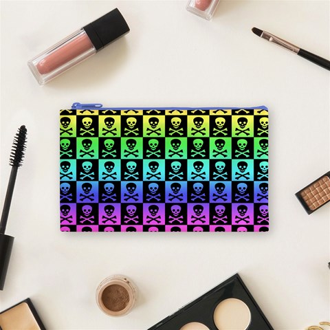 Rainbow Skull Checkerboard Cosmetic Bag (Small) from ArtsNow.com Front