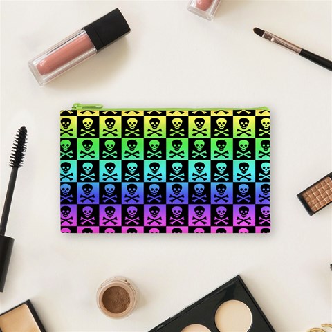 Rainbow Skull Checkerboard Cosmetic Bag (Small) from ArtsNow.com Front