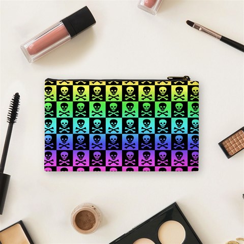 Rainbow Skull Checkerboard Cosmetic Bag (Small) from ArtsNow.com Back