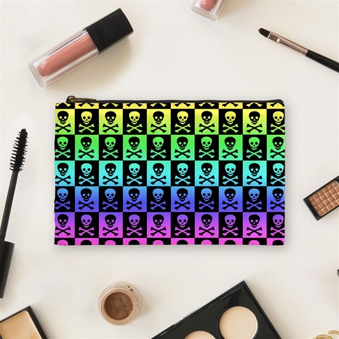 Rainbow Skull Checkerboard Cosmetic Bag (Medium) from ArtsNow.com Front