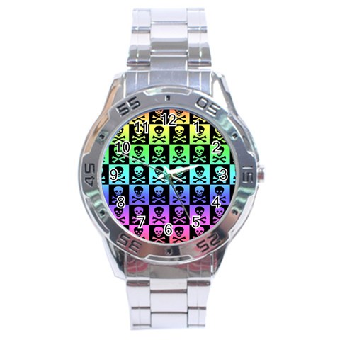Rainbow Skull Checkerboard Stainless Steel Analogue Men’s Watch from ArtsNow.com Front